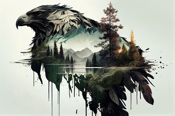 Generative AI illustration of the beauty of nature with a stunning double exposure landscape featuring a river, trees, and feathers
