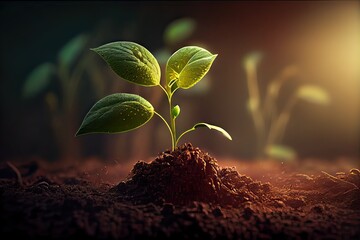 Generative AI illustration of a new life idea. Springtime sees little plants on the ground, developing plant and dawn light, fresh, seed, image with a modern agricultural theme