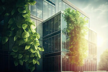 Generative AI illustration of eco friendly construction in a contemporary metropolis. A sustainable glass building with green tree branches and leaves for lowering heat and carbon dioxide.