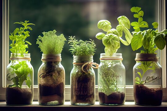 Generative AI illustration of different herbs growing in jars on a window, including basil, sage, chives, parsley, oregano, and thyme