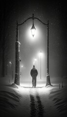 a monochromatic scene during snow storm much snow in the air snow falling foggy moody dimmed lantern lights Generative AI