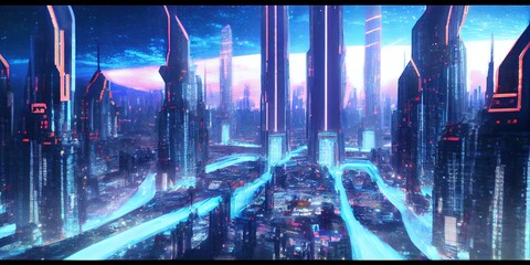 Generative AI illustration of fantasy futuristic city with highways and skyscrapers, cyber city