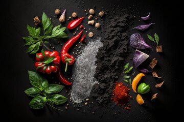Black stone cooking background. Spices and vegetable, healthy nutrition. Generative AI Technology