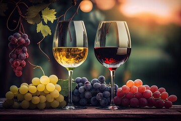 Generative AI illustration of Glasses of red and white wine and ripe grapes on table in blurred vineyard - obrazy, fototapety, plakaty