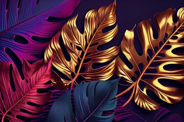 Generative AI illustration of Golden tropical leaves on a dark magenta and blue background, abstract luxury modern tropical background, dark red neon