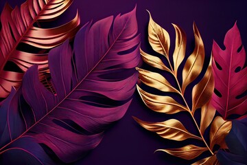 Generative AI illustration of Golden tropical leaves on a dark magenta and blue background, abstract luxury modern tropical background, dark red neon