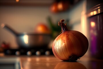 Close up of shallot (Scalogno) in a kitchen. Cooking lessons, cooking concept, healthy food. Generative AI Technology