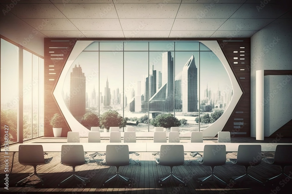 Poster modern conference space with a view of the city and all the necessary technology. generative ai