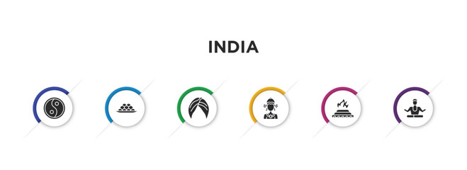 india filled icons with infographic template. glyph icons such as sarnaism, indian sweets, turban, indra, yagna, brahman vector.