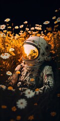 Generative AI illustration of a bio mechanical astronaut lying in a meadow of flowers, golden hour