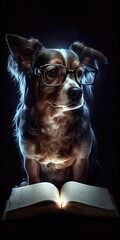 Generative AI illustration of Intelligent serious dog in glasses reading a book, volumn light