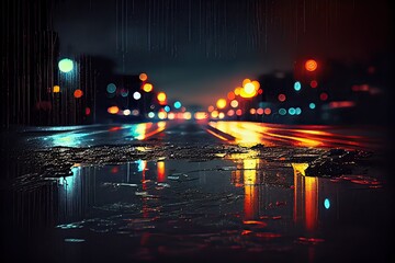 Generative AI illustration of a light effect, blurred background. Wet asphalt, night view of the city, neon reflections on the concrete floor. Dark abstract background, dark empty street
