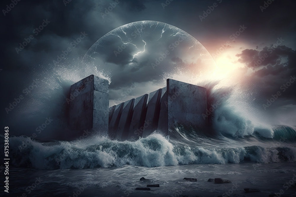 Poster extremely large waves resulting from a storm slam on the concrete tetrapods that make up the breakwa