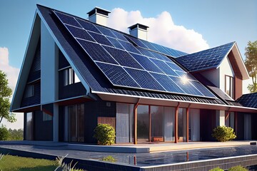 Generative AI illustration of a newly constructed houses with solar panels on the roof under a bright sky, a close up of a brand new structure with blue solar panels