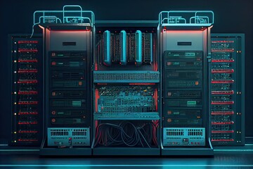 Generative AI illustration of a platform for hosting contemporary Internet contents. Rack housing server data storage hardware. The equipment in the data center is connected by a lot of network cables