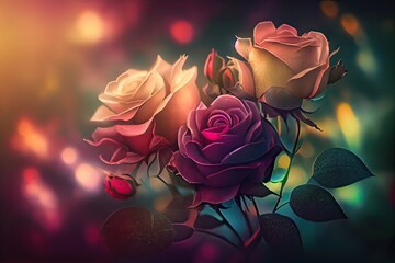 Generative AI illustration of Fantasy Rose Garden, A Romantic Bouquet of Roses - obrazy, fototapety, plakaty