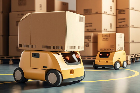 Modern logistics warehouse robots are sorting packages. AI technology generated image
