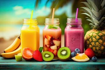 Fototapeta na wymiar Generative AI illustration of smoothies and juices made from a variety of fresh fruits from the tropics. Clean eating, a healthy diet, and vitamin infused beverages are concepts, blurred background