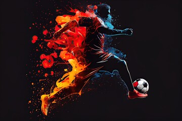 Fototapeta na wymiar Generative AI illustration of the essence of a soccer player in motion as they kick a ball with intense energy, surrounded by vibrant colors and splashes