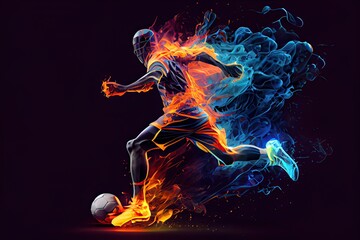 Generative AI illustration of the essence of a soccer player in motion as they kick a ball with intense energy, surrounded by vibrant colors and splashes - obrazy, fototapety, plakaty