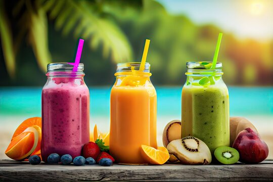 Generative AI illustration of smoothies and juices made from a variety of fresh fruits from the tropics. Clean eating, a healthy diet, and vitamin infused beverages are concepts, blurred background