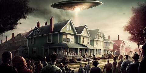Generative AI illustration of Ufo hovering above homes and a crowd of people