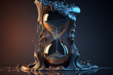 Generative AI illustration of the illusion of time, a surreal clock made of golden and mercury materials, melting in a distorted and fluid manner - obrazy, fototapety, plakaty