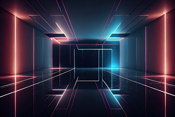 Generative AI illustration of an abstract dark neon geometric background, set inside a dark and empty room with glowing laser lines on the walls, a wet concrete floor, with neon light reflections