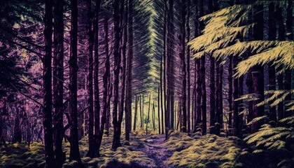 Purple leaves in the forest. Yellow fir trees. Abstract Woods. Woodland background wallpaper.