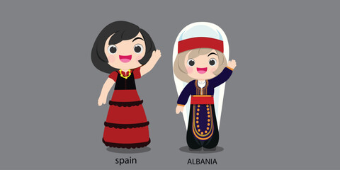 Spanish in national dress with a flag.  woman in traditional costume. Travel to albania. People. Vector flat illustration.