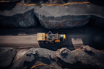 Generative AI illustration of an aerial panorama of an anthracite coal mine, showcasing a big yellow mining truck collecting rocks in an open pit mine