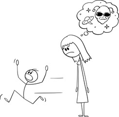 Mother Looking at Furious Child and Thinking That It's Extraterrestrial Being, Vector Cartoon Stick Figure Illustration