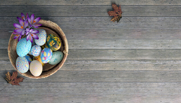 Easter egg in basket on old wooden table with copy space for text and element, 3d illustration render