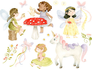 Watercolor fairies at tea party with unicorn, butterfly wand and floral branch 