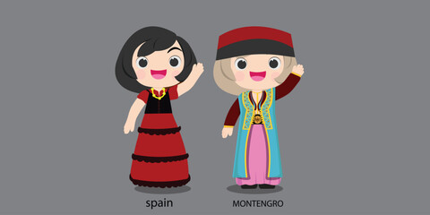 Spanish in national dress with a flag.  woman in traditional costume. Travel to Montengro. People. Vector flat illustration.