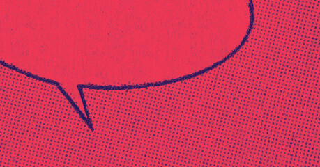 Closeup photo of vintage comic book page with dot printing pattern and empty speech bubble with red blue duotone effect