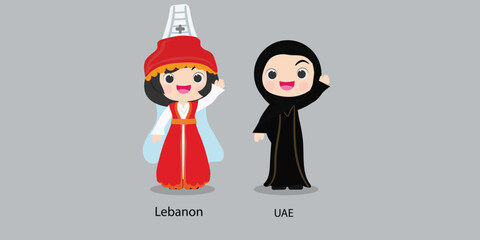 Obraz na płótnie Canvas Lebanon in national dress with a flag. woman in traditional costume. Travel to UAE. People. Vector flat illustration.