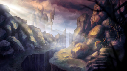 Fantasy landscape with a brave, small warrior standing on a stairs in a dark gorge among the rocks and a giant with a big ax standing behind a stone wall among the mountains under bright sun rays.