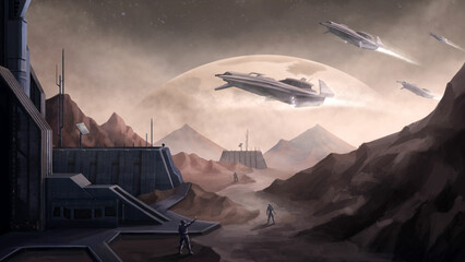 Fototapeta na wymiar The desert landscape of the red planet with space stations, high mountains and a big planet in the sky. 2d illustration with military buildings and soldiers looking at the spaceships taking off.
