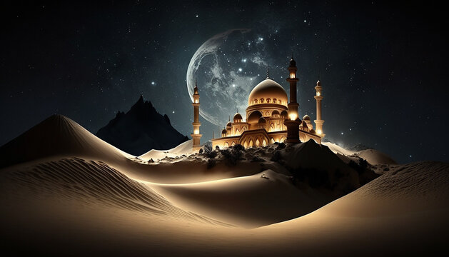 Mosque night view, sand and calm atmosphere mountain, Generate AI