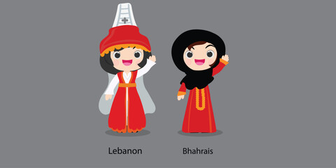 Lebanon in national dress with a flag.  woman in traditional costume. Travel to Bhahrais. People. Vector flat illustration.