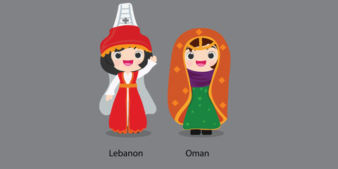 Lebanon in national dress with a flag.  woman in traditional costume. Travel to Oman. People. Vector flat illustration.