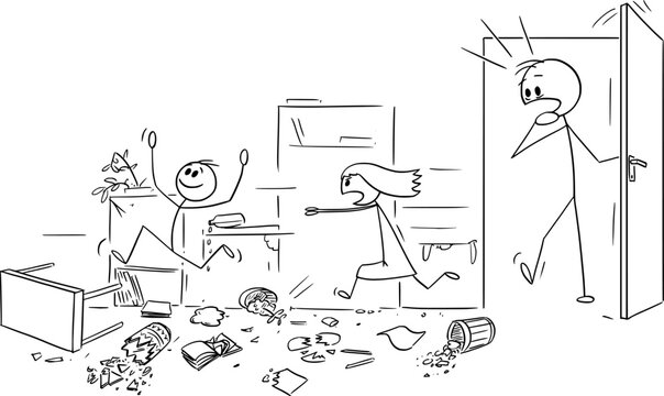 Shocked Father Returning Home, Room Destroyed By Children , Vector Cartoon Stick Figure Illustration