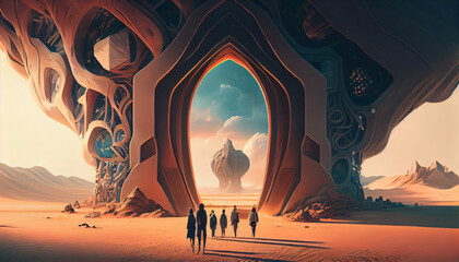 A painting of people walking into portal to the future, surrealism, neoclassicism, epic scene, illustration. Generative AI.