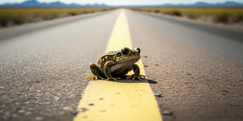 A frog crossing the street - Generative AI - obrazy, fototapety, plakaty