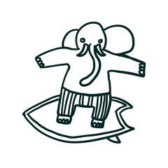 Elephant surfer. Surfing. Vector illustrations in outline doodle style isolated on white background.