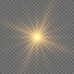 Yellow glowing light explodes on a transparent background. Bright Star. The star burst with brilliance. Golden Light effect. A flash of sunshine with rays. Yellow sun rays. Vector illustration.