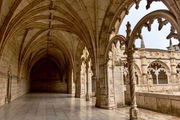 Courtyard cloisters of Jeronimos Monastery in Belem Portugal