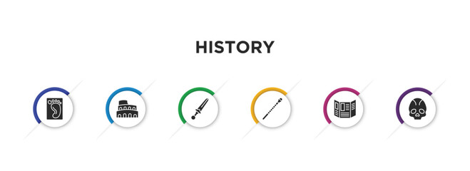 history filled icons with infographic template. glyph icons such as foot print, colosseum, sword, staff, trifold, fossil vector.
