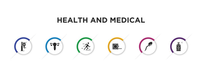 health and medical filled icons with infographic template. glyph icons such as saline, gynecology, running, measure tape, sperm, desinfectant vector.